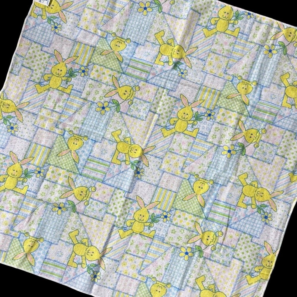 Vintage Baby Receiving Blanket Yellow Bunny Daisy Patchwork 1980s Riegel Cotton